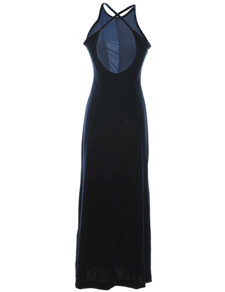 Velvet & Sparkly Fabric Strappy 1990s Navy Evening Dress - XS