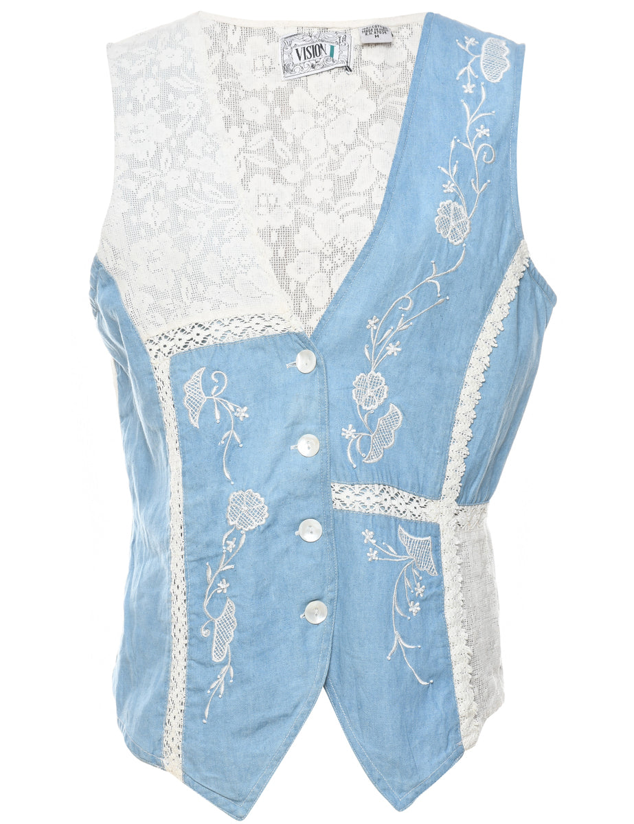 Women's White & Blue Light Wash Denim Waistcoat White, M | Beyond Retro ...